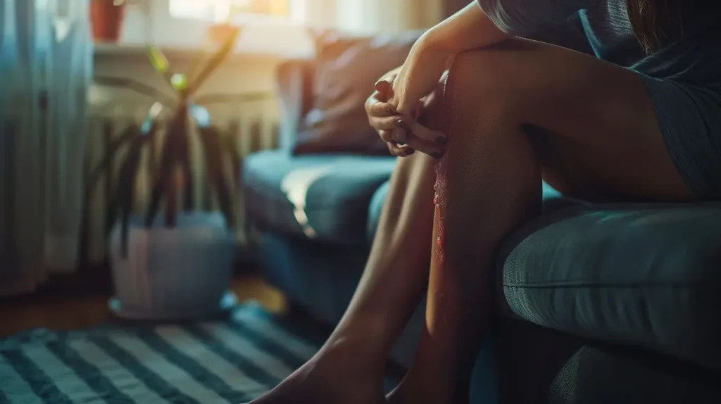 Jambe gonflée et rouge présentant les premiers signes d'une phlébite.