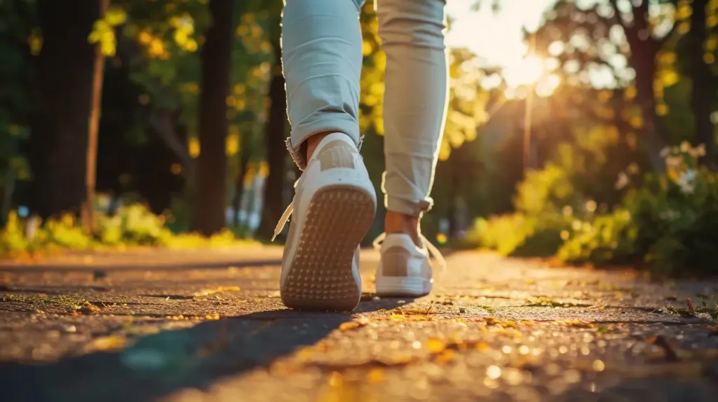 Personne en baskets marchant d'un pas dynamique sur une allée de parc ensoleillée pour prévenir la phlébite.