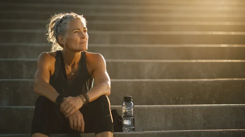 une femme de 65 ans se repose après son running sur piste