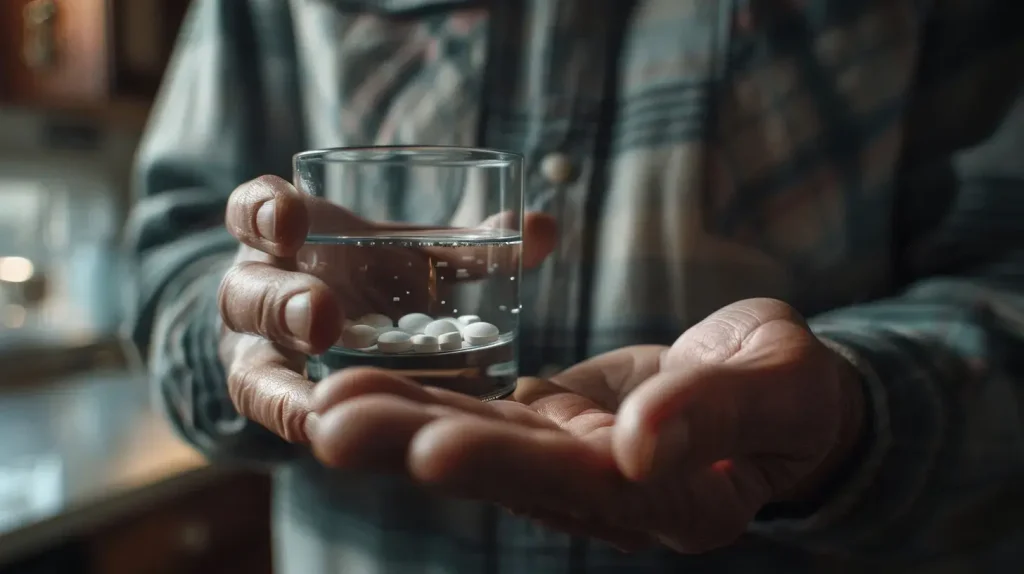 Mains d'un adulte tenant une pilule blanche dans une paume et un verre d'eau dans l'autre pour traiter une phlébite.