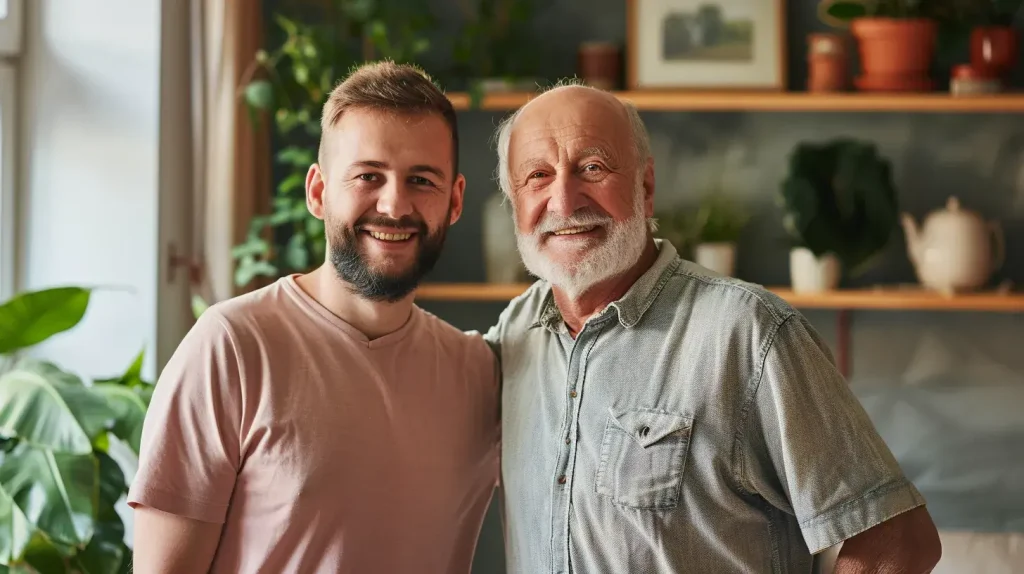 Jeune homme souriant à côté de son grand-père atteint de calvitie, ambiance familiale douce