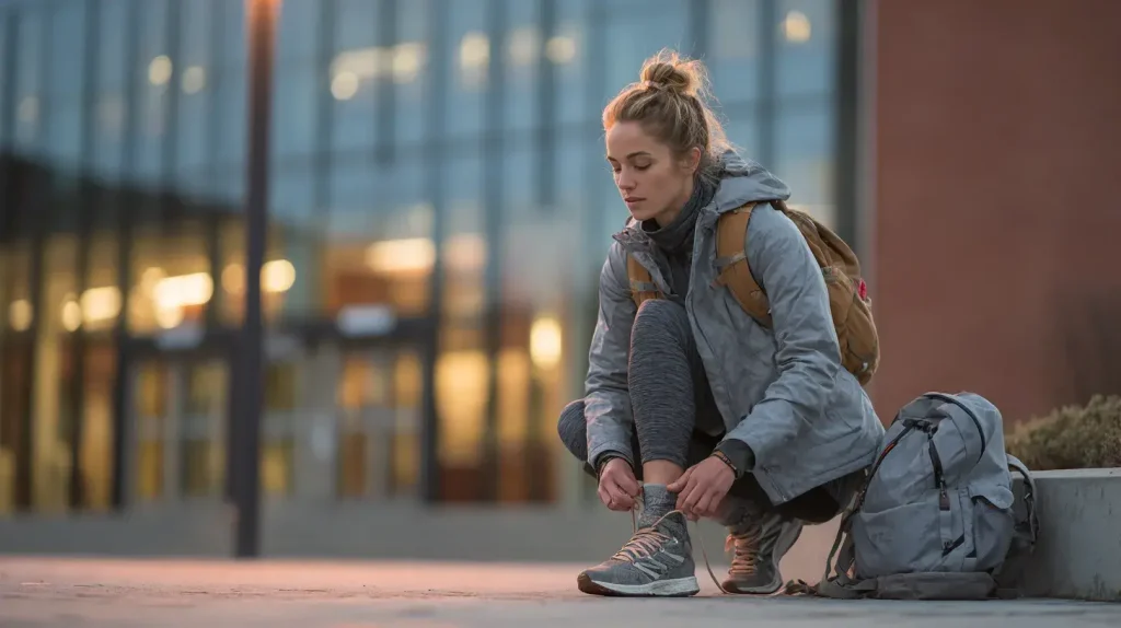 une étudiante s'apprête à faire un footing