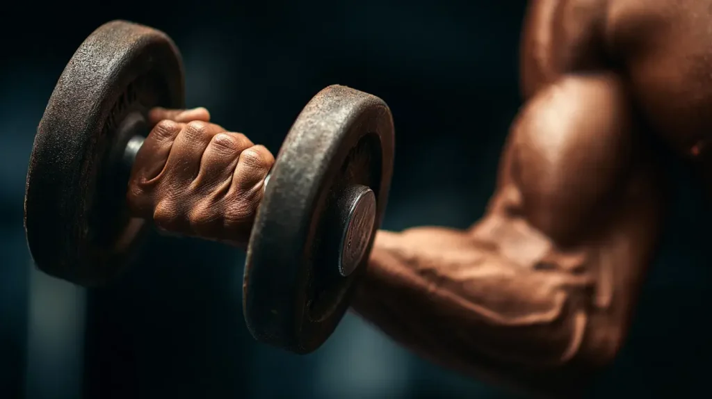 un homme fait du curl biceps aux haltères