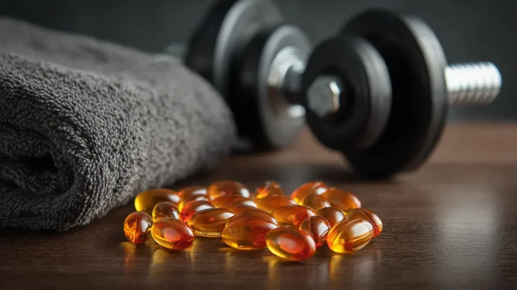 ubiquinol q10 en gélule à coté d'une haltère