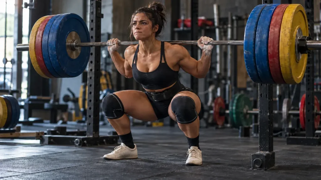 une femme fait du squat à la salle 