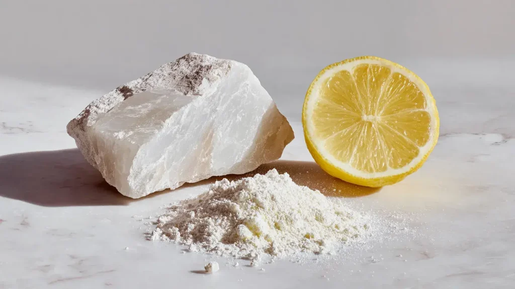 Minéral brut, citron et poudre blanche illustrant l'association du magnésium et de l'acide citrique