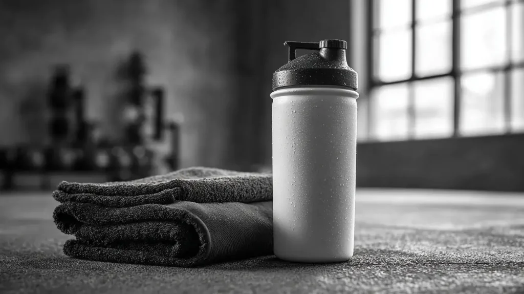 shaker de whey protéine et serviette à la salle