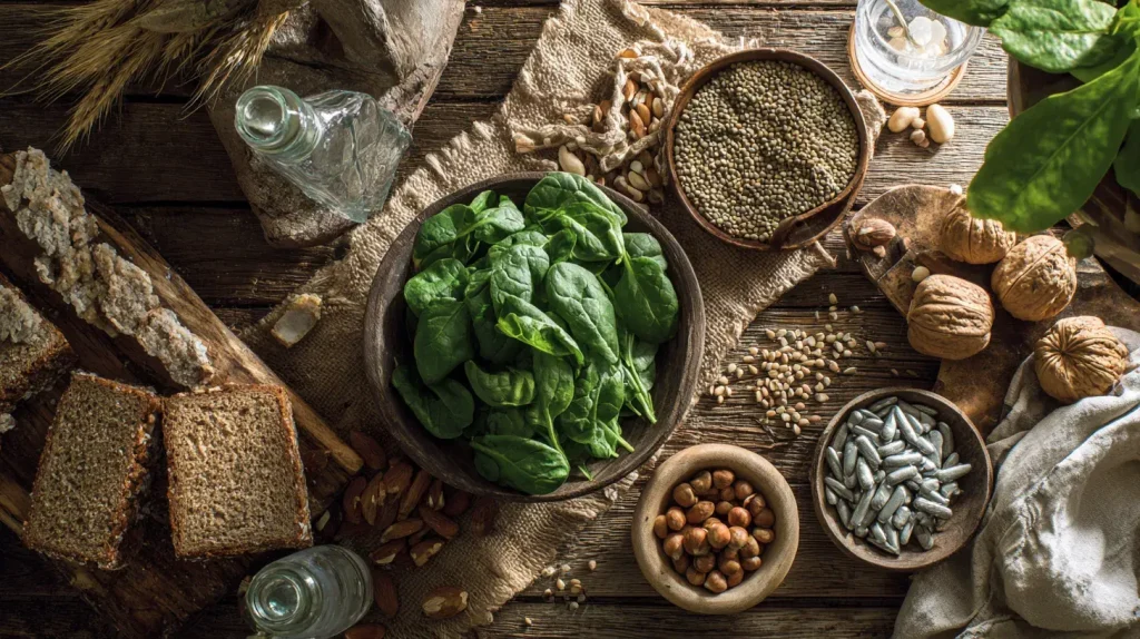 Aliments riches en magnésium : légumes verts, lentilles, amandes et pain complet