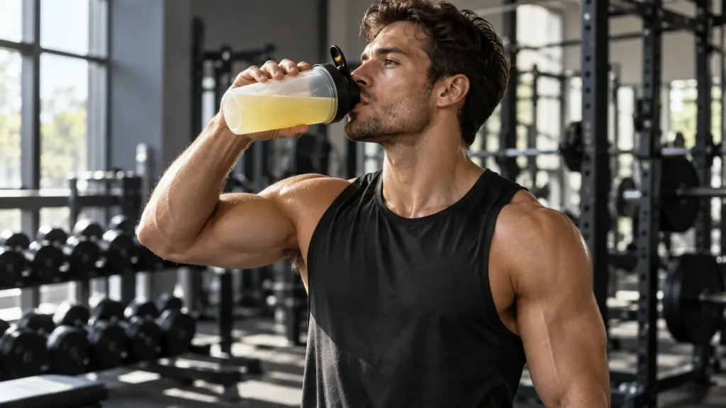 un homme boit du préworkout