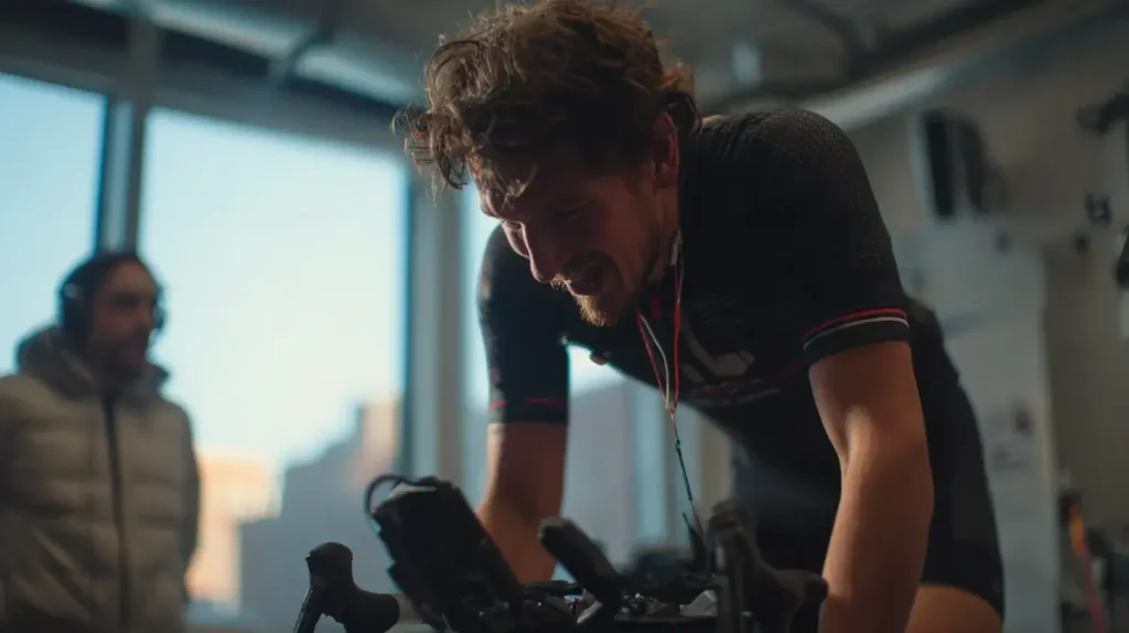 une homme fait un test sur un vélo de course