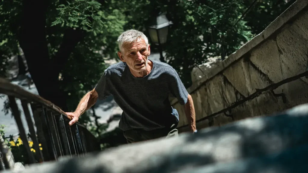 un homme agé monte les escaliers