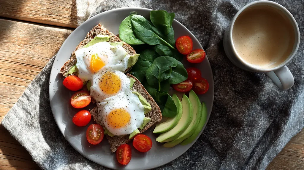 Trois œufs pochés sur pain complet, un bon apport de protéines au petit déjeuner