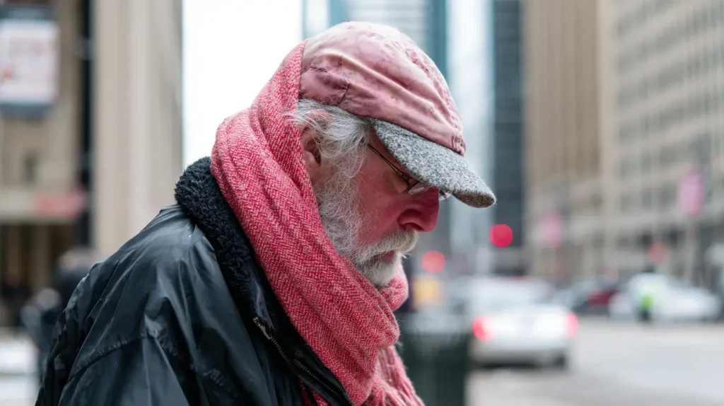 Homme dans le froid et le vent, qui une des princiaples causes d’une peau tiraillée et sèche