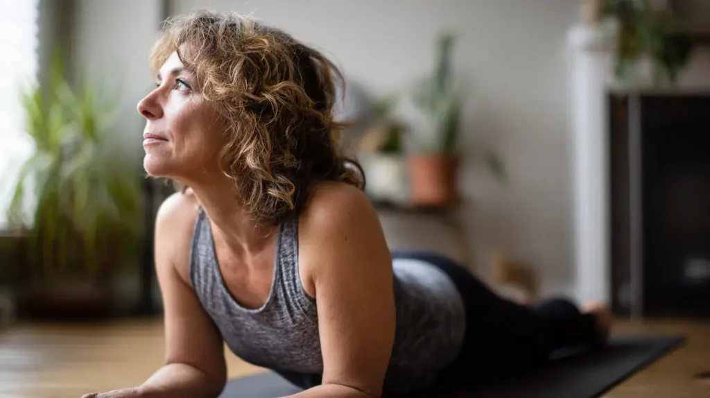 Femme faisant un étirement du dos sur un tapis pour soulager une lombalgie