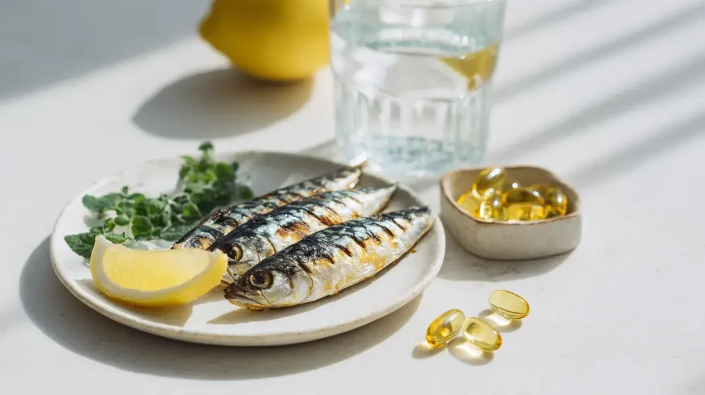 Gélules d’Oméga 3 Nutriforce et maquereau grillé pour rééquilibrer oméga 6 et oméga 3