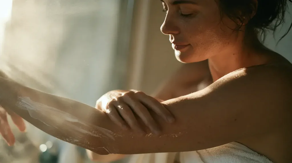 Femme qui hydrate sa peau sèche avec de la crème