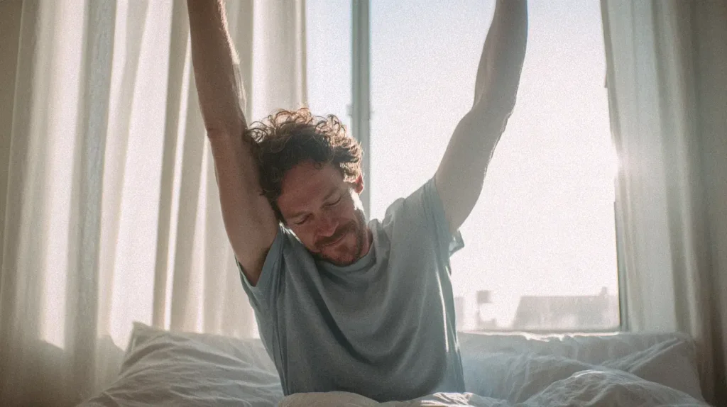 Homme reposé au réveil, le sommeil soutenant la testostérone naturelle