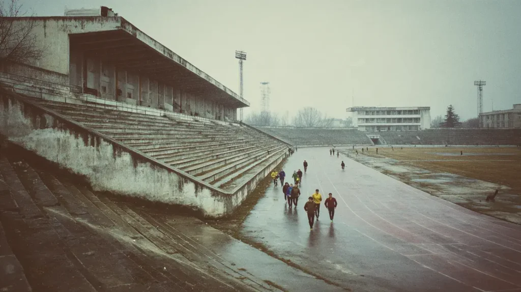 Stade d'athlétisme des années 1970, époque du dopage au turinabol