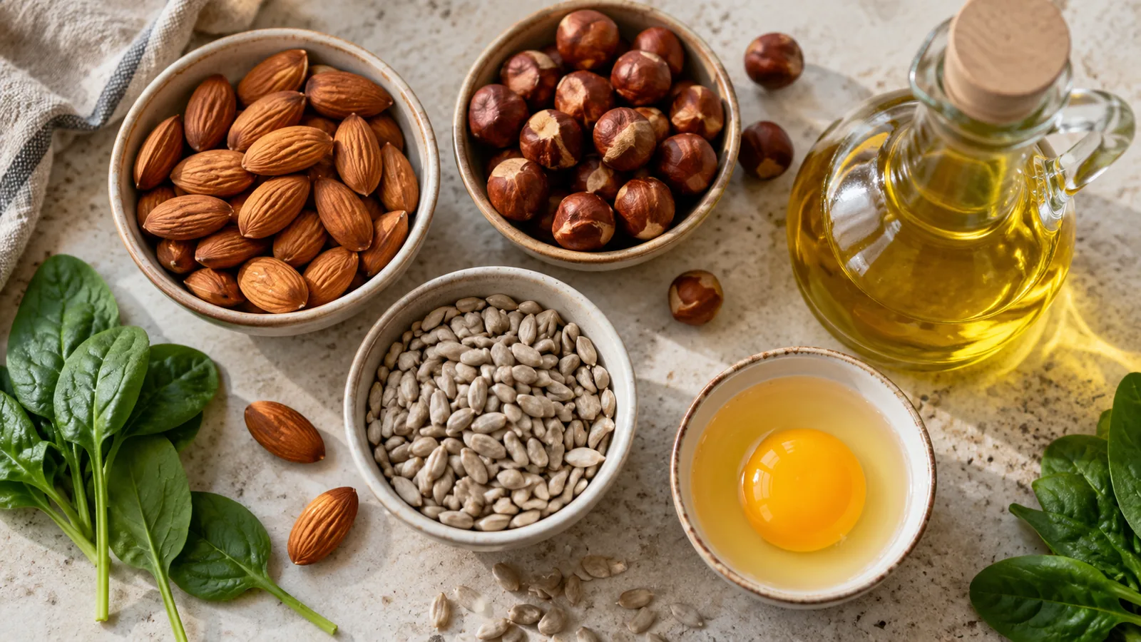 Bols d'amandes, de noisettes et de graines de tournesol, œuf cassé dans une coupelle, huile dans une carafe et épinards sur un plan clair