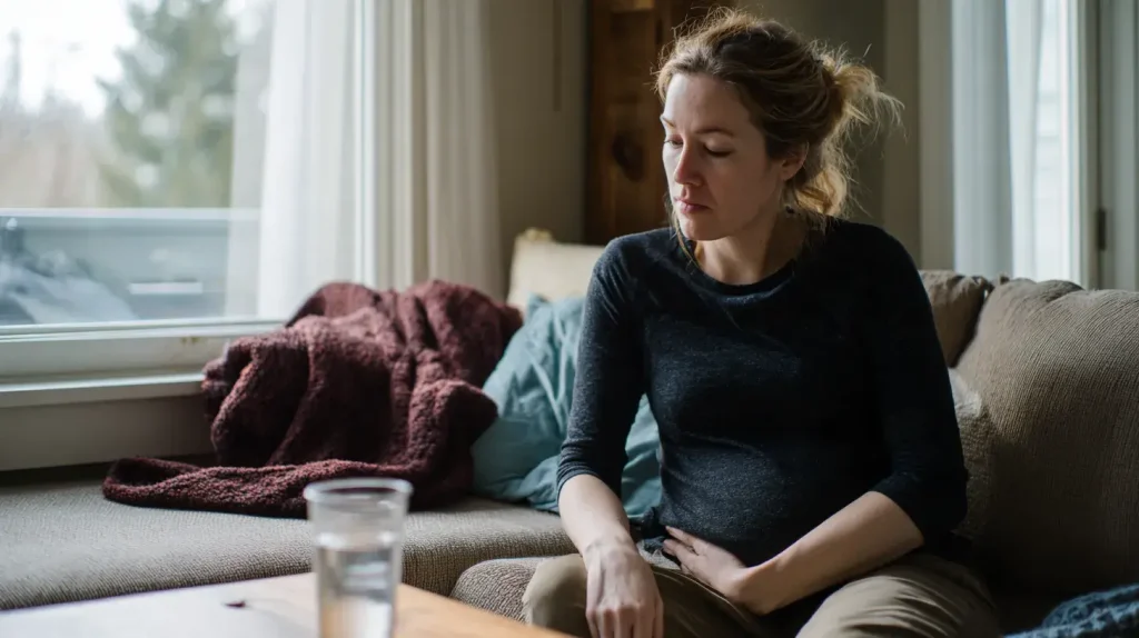 argile-verte-diarrhee-01-femme-mal-au-ventre-canape