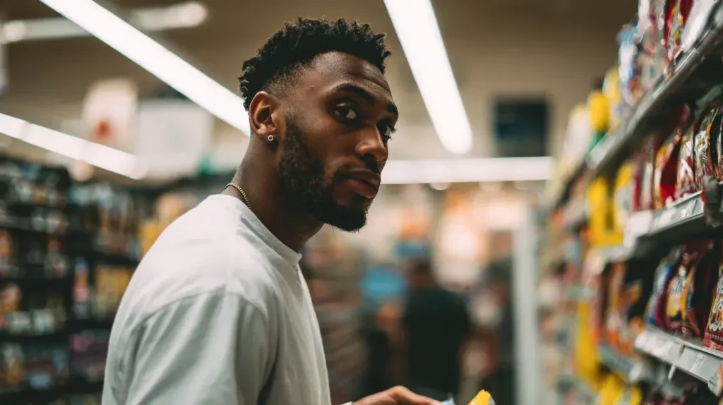 un homme est à la pharmacie