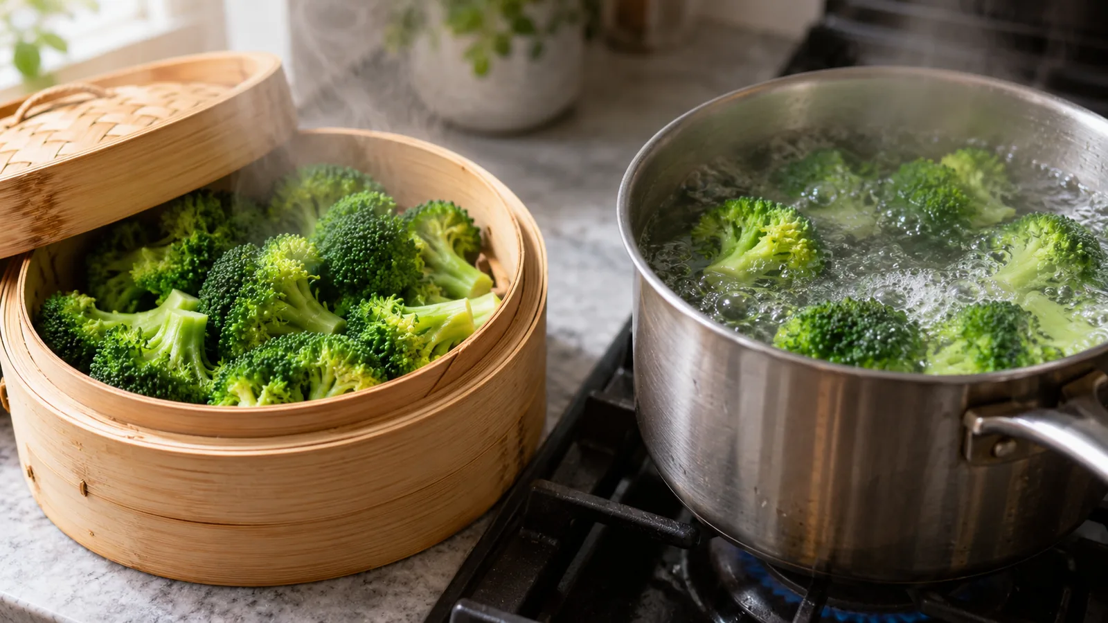 Panier vapeur en bambou rempli de fleurettes de brocoli vert vif, à côté d'une casserole en inox où le brocoli cuit dans l'eau bouillante