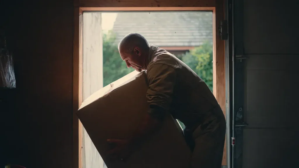 Homme soulevant un carton lourd en se tenant le bas du dos, signe d'une potentiel cruralgie