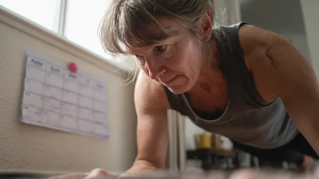 Femme faisant ses exercices avec un calendrier en arrière-plan, durée d’une tendinite de la hanche