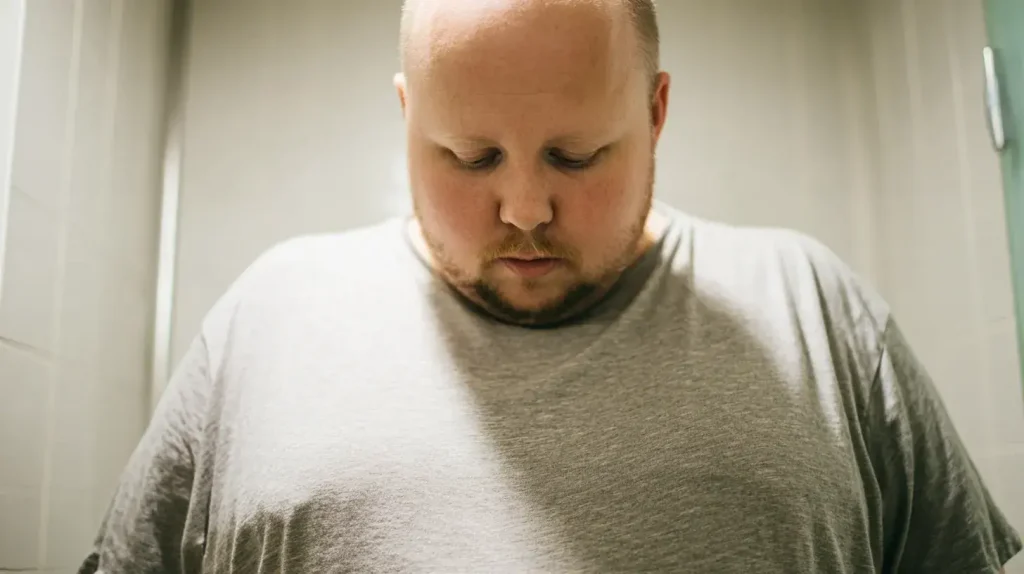 Homme gonflé sur une balance à cause de l'anadrol