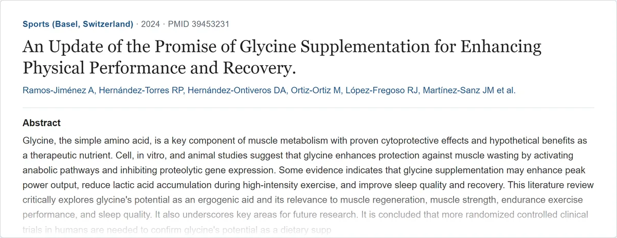 Résumé de l'étude « An Update of the Promise of Glycine Supplementation for Enhancing Physical Performance and Recovery » (Sports (Basel, Switzerland), 2024) sur PubMed