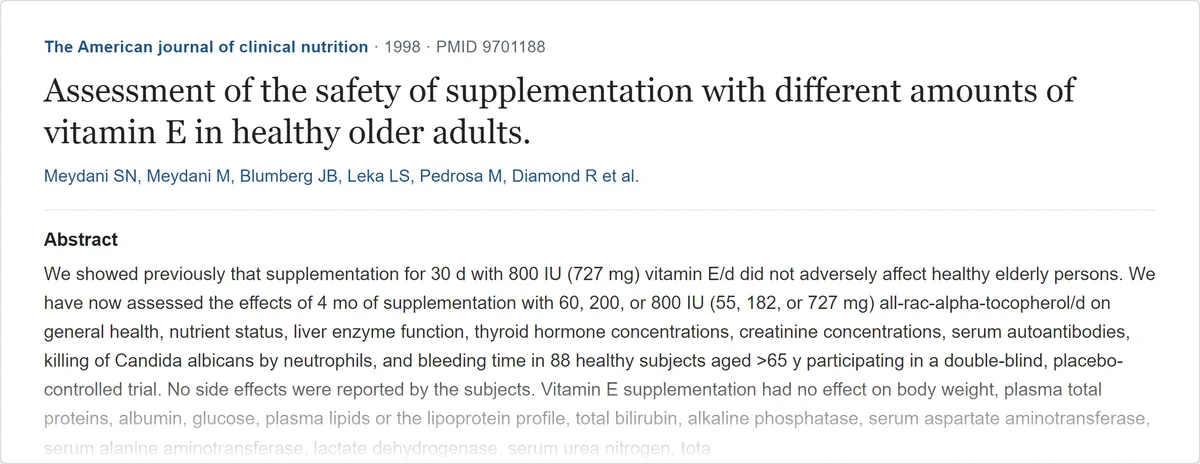 Résumé de l'étude « Assessment of the safety of supplementation with different amounts of vitamin E in healthy older... » (The American journal of clinical nutrition, 1998) sur PubMed
