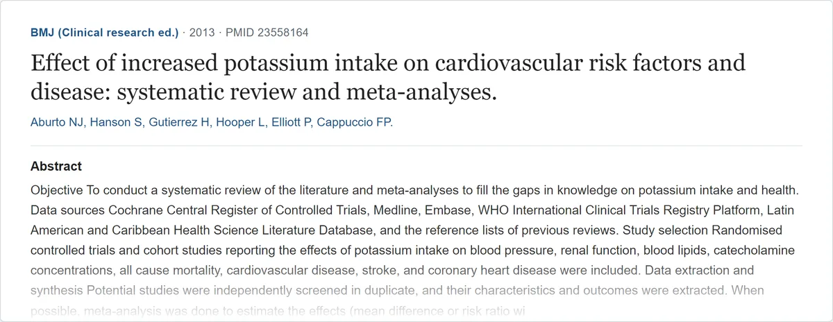 Résumé de l'étude « Effect of increased potassium intake on cardiovascular risk factors and disease: systematic review... » (BMJ, 2013) sur PubMed