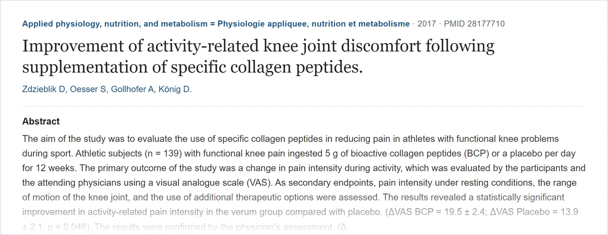 Résumé de l'étude « Improvement of activity-related knee joint discomfort following supplementation of specific... » (Applied physiology, nutrition, and metabolism = Physiologie appliquee, nutrition et metabolisme, 2017) sur PubMed