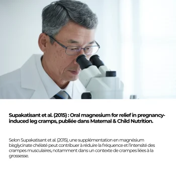 Étude Supakatisant et al. 2015 (Maternal and Child Nutrition) : 300 mg de magnésium bisglycinate par jour pendant 4 semaines réduisent la fréquence et l'intensité des crampes de jambes pendant la grossesse