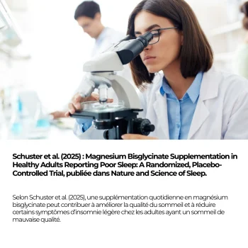 Étude Schuster et al. 2025 (Nature and Science of Sleep) : 4 semaines de magnésium bisglycinate réduisent la sévérité de l'insomnie chez des adultes qui dorment mal