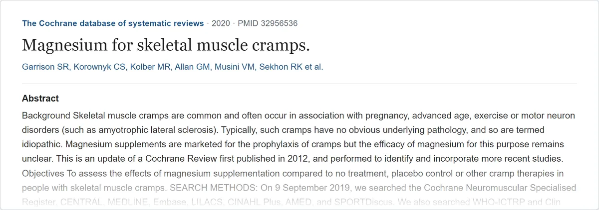 Résumé de l'étude « Magnesium for skeletal muscle cramps » (Cochrane Database of Systematic Reviews, 2020) sur PubMed