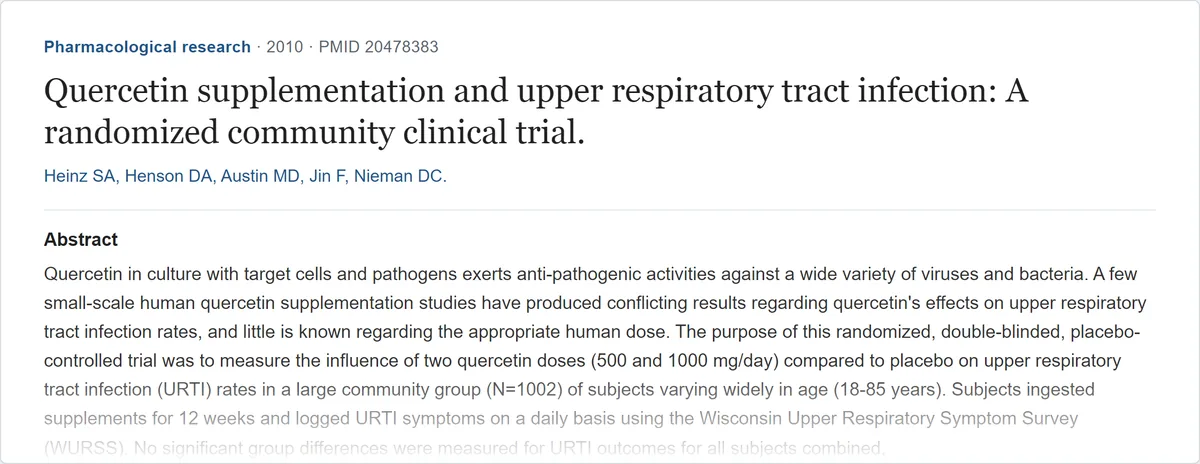 Résumé de l'étude « Quercetin supplementation and upper respiratory tract infection: A randomized community clinical... » (Pharmacological research, 2010) sur PubMed