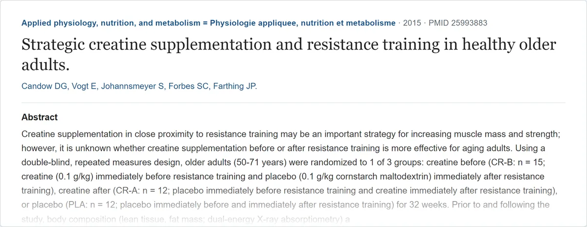 Résumé de l'étude « Strategic creatine supplementation and resistance training in healthy older adults » (Applied physiology, nutrition, and metabolism = Physiologie appliquee, nutrition et metabolisme, 2015) sur PubMed