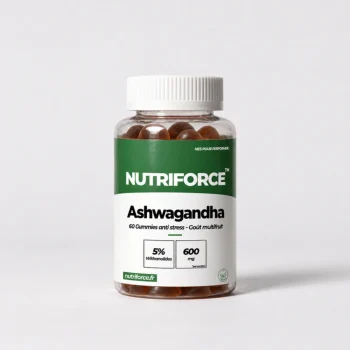Pot de 60 gummies ashwagandha Nutriforce goût multifruit, 600 mg d'extrait de racine titré à 5 % de withanolides pour 2 gummies