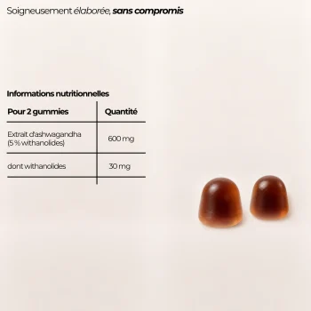 Informations nutritionnelles des gummies ashwagandha Nutriforce pour 2 gummies : 600 mg d'extrait de racine d'ashwagandha titré à 5 %, dont 30 mg de withanolides