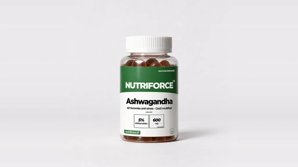 Pot de 60 gummies ashwagandha Nutriforce au goût multifruit, 600 mg d'extrait de racine titré à 5 % de withanolides par portion