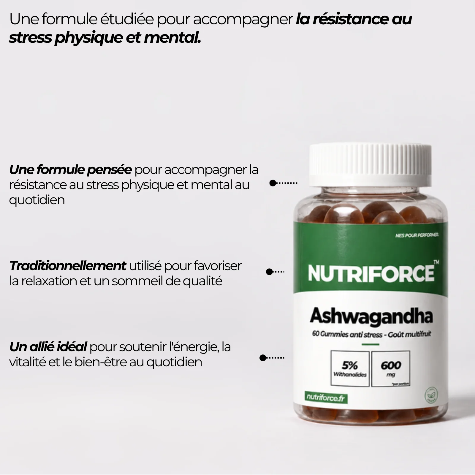 Gummies ashwagandha Nutriforce : une racine traditionnellement utilisée pour la relaxation et le sommeil, 2 gummies par jour au goût multifruit