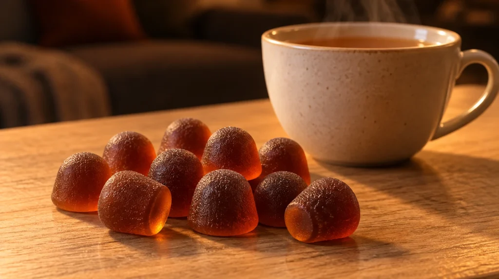 Gummies ashwagandha Nutriforce couleur cola posés sur une table en bois à côté d'une tisane, le soir