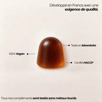 Gummy ashwagandha Nutriforce en forme de gumdrop couleur cola, 100 % vegan à base de pectine, formulé en Auvergne et testé sans métaux lourds