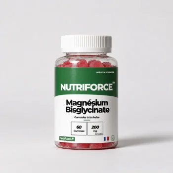 Pot de 60 gummies magnésium bisglycinate Nutriforce goût fraise, 200 mg de magnésium pour 2 gummies, soit 53 % des valeurs nutritionnelles de référence