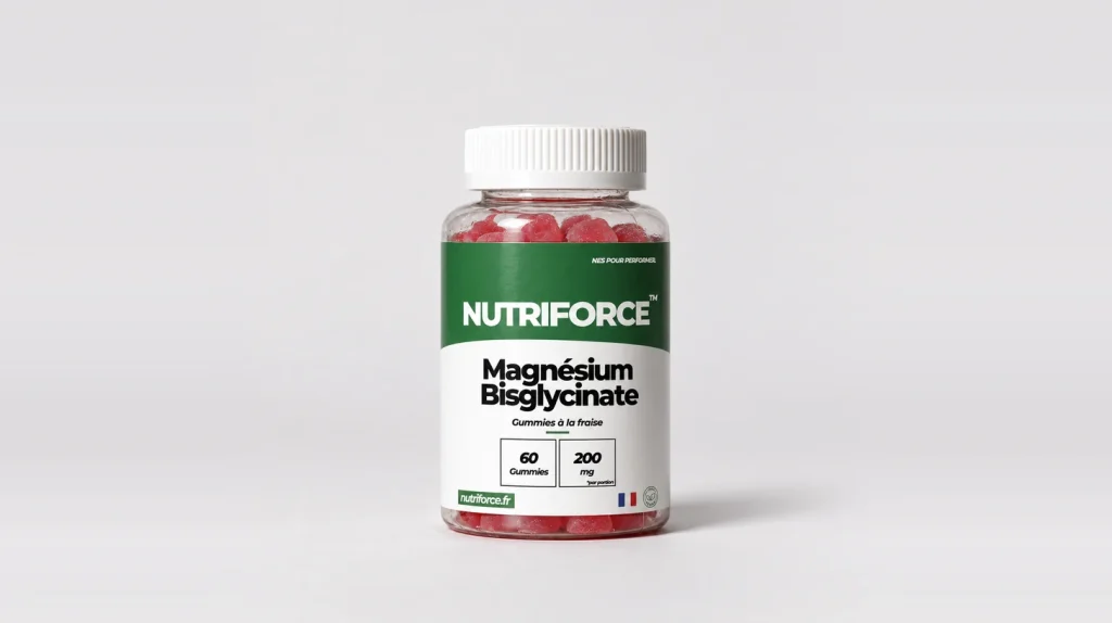 Pot de 60 gummies magnésium bisglycinate Nutriforce goût fraise, 200 mg de magnésium par portion