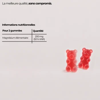 Informations nutritionnelles des gummies magnésium Nutriforce pour 2 gummies : 200 mg de magnésium élémentaire sous forme de bisglycinate, soit 53 % des valeurs nutritionnelles de référence
