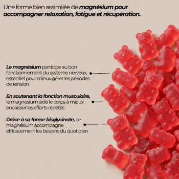 Gummies magnésium bisglycinate Nutriforce en oursons rose-rouge givrés : le magnésium contribue à une fonction musculaire normale et au fonctionnement normal du système nerveux