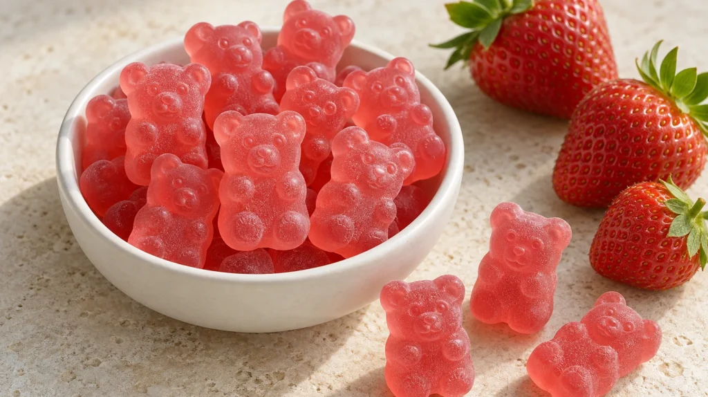 Oursons gummies magnésium Nutriforce rose-rouge dans une coupelle blanche, à côté de fraises fraîches