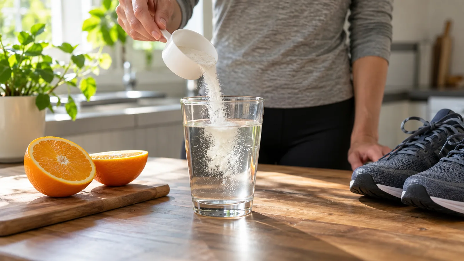 Une main verse une cuillère de poudre blanche dans un verre d'eau sur un plan de travail en bois, près d'une orange coupée en deux et de baskets de course